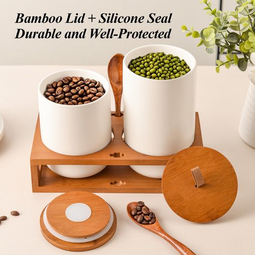 CoorFormer White Ceramic Canister Set of 2 with Bamboo Lids, Wooden Stand & Spoons – 35oz & 28oz Airtight Food Storage Jars for Coffee, Sugar, Tea, Kitchen Counter Organizer