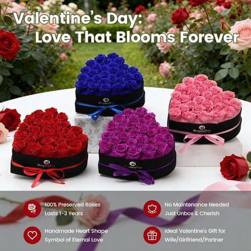 Valentines Day Flowers Roses Gifts for Her,28pcs Red Forever Preserved Roses in Heart Shape Gift Box,Valentines Day Delivery Prime Gifts-Roses Gifts for Women,Mom.
