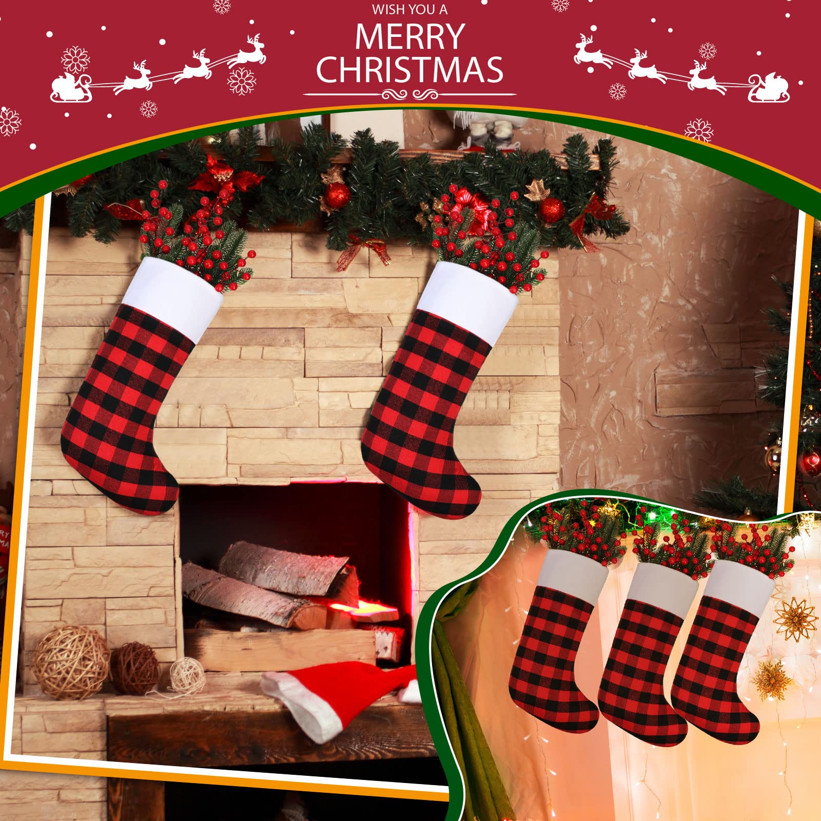 Zhanmai 30 Pieces Christmas Stockings Buffalo Checkered Stockings with Plush Cuff Fireplace Hanging Stockings for Family Xmas Decoration Holiday Season Party (Red and Black, White Cuff,18 Inch)