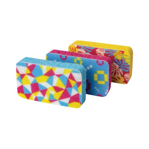 Casabella Cellulose Scrub Sponges, Plum, Lime and Orange Print , 3-Pack, Pink