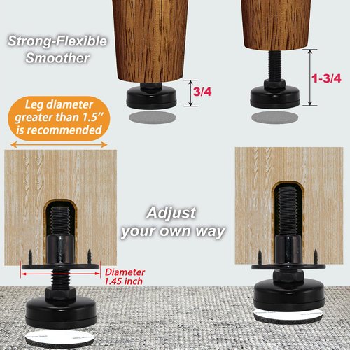 NEWBYTEK Furniture Leveling Feet Heavy Duty, Adjustable Furniture Feet Levelers Screw on Heavy Duty Desk/Chair/Cabinet/Dresser/Bench Leg Leveler, Round T-Nut Kit 3/8”-16 Thread (4 Pack, Black)