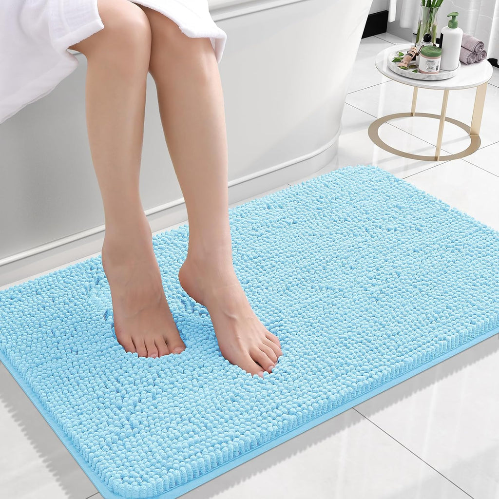 OLANLY Bath Rugs - Extra Soft Chenille, Quick Dry & Absorbent | 24x16 Sky Blue Machine Washable Mats