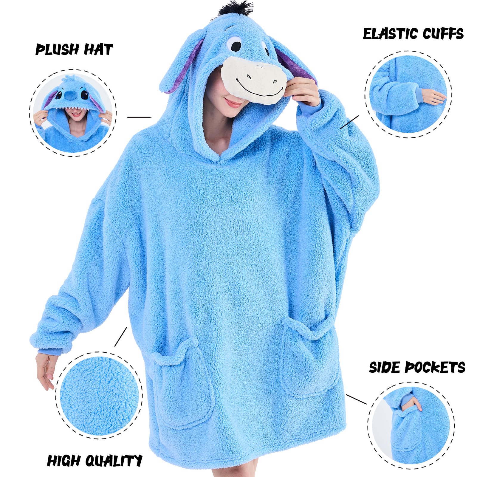 NEWCOSPLAY Wearable Blanket Hoodie Sherpa Hoodie Blanket for Women Men Warm Oversized Sweatshirt with Pockets (Donkey, Adult)
