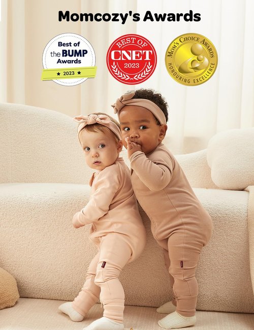 Momcozy Unisex Baby Pajamas, Baby-Temp Monitoring Double Zipper Boy Girl Sleepers Rompers Footie, 2 Pack Light Weight Stretchy Viscose Derived from Bamboo Baby Jammies, 0-3 M, Pinkish Grey Brown
