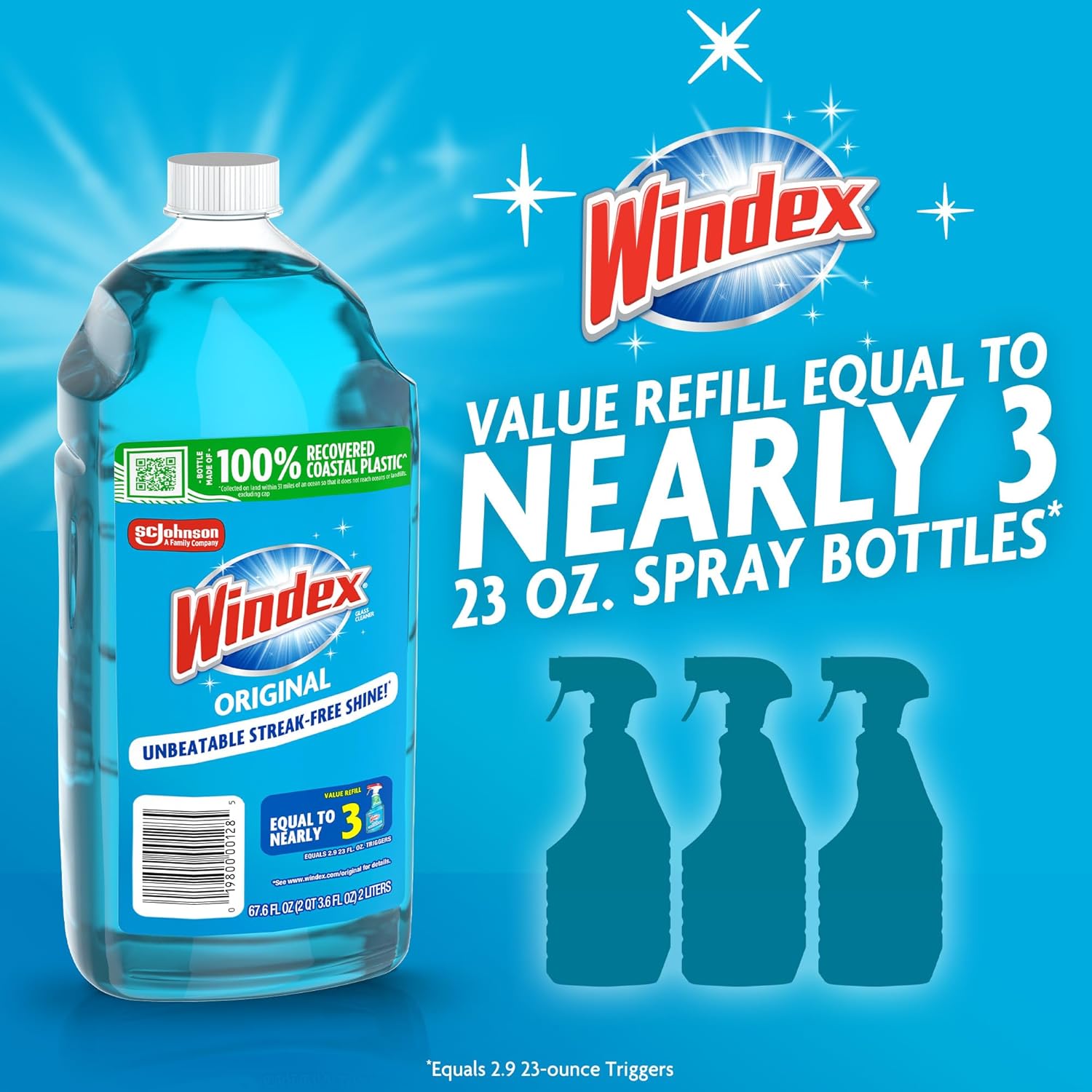 Windex Glass & Window Cleaner Refill - Eco-Friendly 100% Recycled Plastic, Original Blue Scent, 2L (Pack of 2)