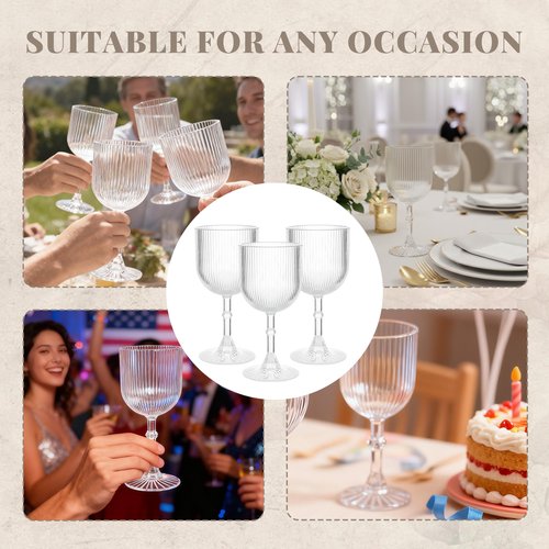 LEYIQU Plastic Wine Glasses 9oz Set, Ribbed Vintage Goblets Unbreakable Reusable BPA-Free Stemmed Drinking Glasses for Parties, Weddings & Events (Clear, 24pcs)