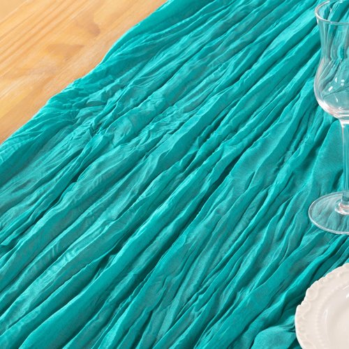 DeZerlor Teal Green Cheesecloth Table Runner Spring Easter Table Runner Boho Gauze 120 Inches Turquoise Cheese Cloth Table Decor for Wedding Bridal Baby Shower Parties