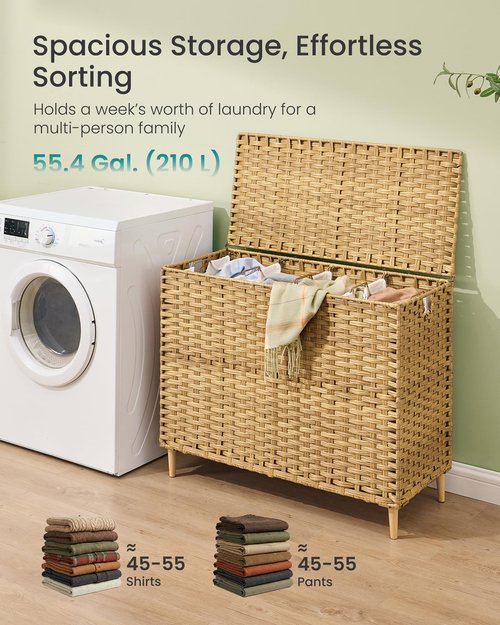 SONGMICS Laundry Hamper with Lid, 55.4 Gal. (210 L) PE Rattan Laundry Basket with Lid and Handles, Natural Material,Removable Machine Washable Liner, Goose Yellow ULCB224YE01