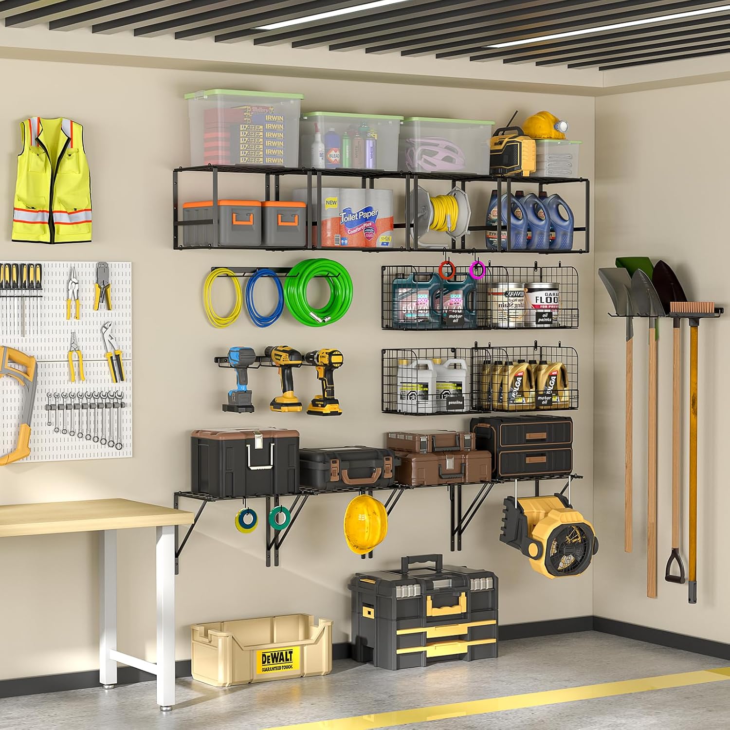 ThreeHio Garage Shelf - Heavy Duty Wall Mounted Storage with Wire Baskets & Tool Rack | Ideal for Home & Garden Organization