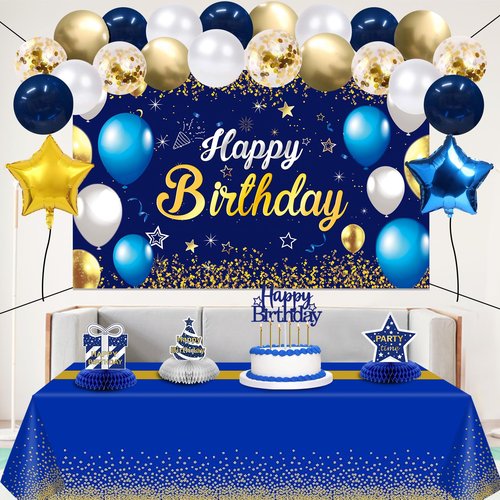 Birthday Decorations Navy Blue Gold - Happy Birthday Banner, Sash, Balloons, Tablecloth, Cake Topper, Candles,Table Decorations - 35pcs Party Decor for Men and Boys