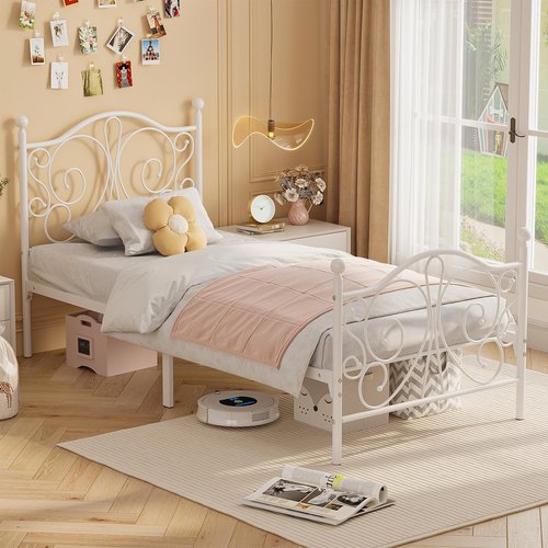 Merronix Twin Bed Frames with Butterfly Pattern Headboard and Footboard，Twin Size Bed Easy Assembly No Box Spring Needed Heavy Duty Metal Platform, White