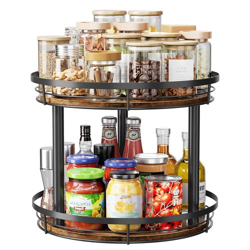 LAMU 12'' Wood Lazy Susan Spice Rack Organizer, 2 Tier Spice Organization for Cabinet, Countertop, Kitchen, Table Top, Pantry, Condiment and Seasoning Rack Organizer