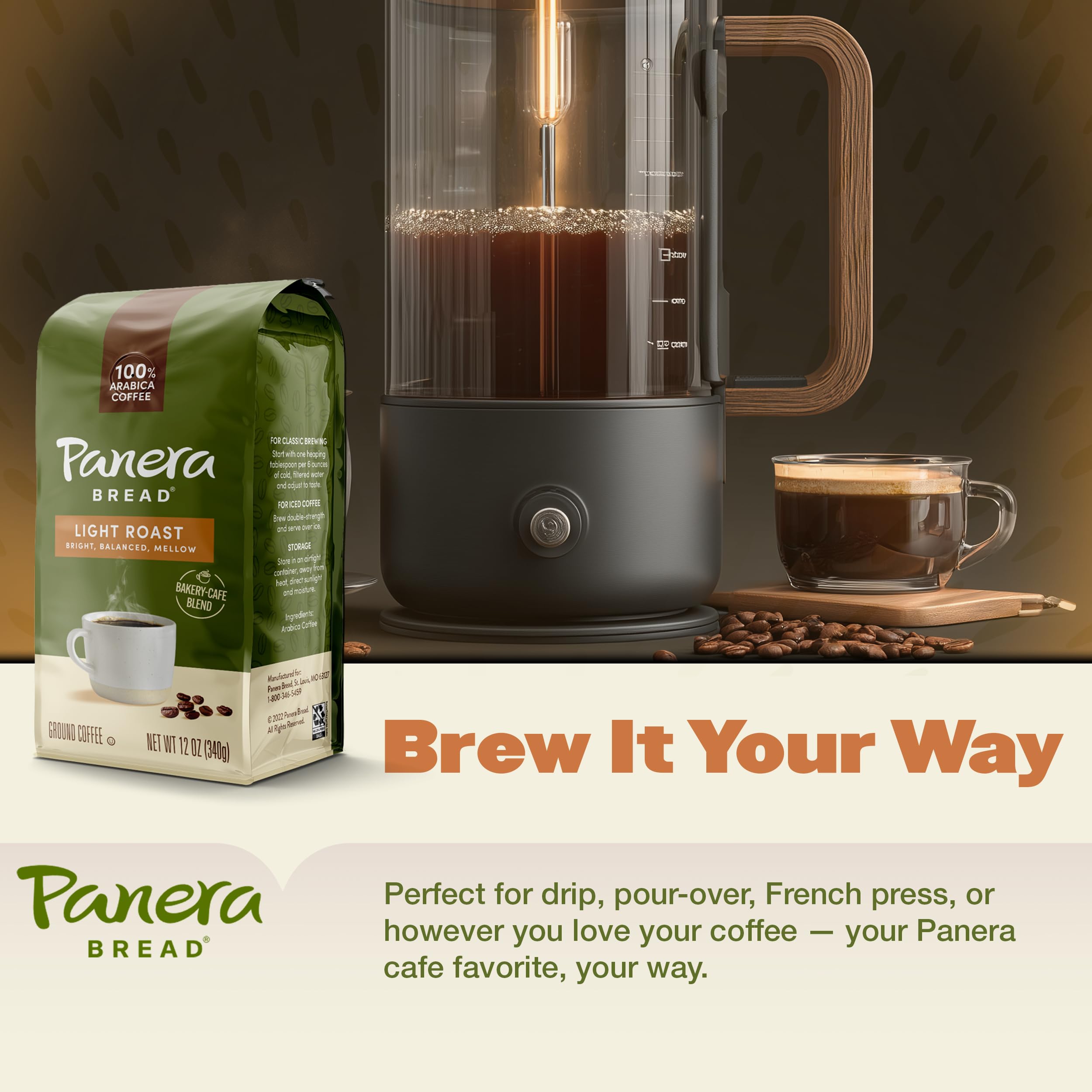 Panera Light Roast Ground Coffee, 100% Arabica, Sustainably Sourced – Smooth, Bright & Balanced Flavor – Clean Label, No Artificial Ingredients – Kosher, Gluten-Free 12oz Bag Pack of 6 (72oz Total)