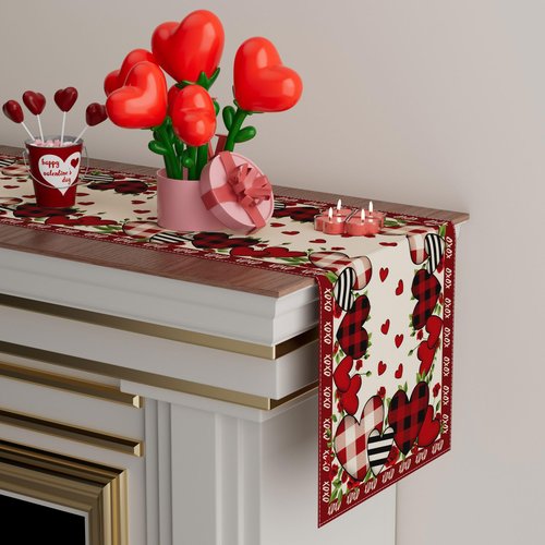 XCHI Buffalo Plaid Love Hearts Roses Flowers Valentine's Day Table Runner Table Decoration for Party Home Kitchen Dining Holiday Decor 13x90 Inch