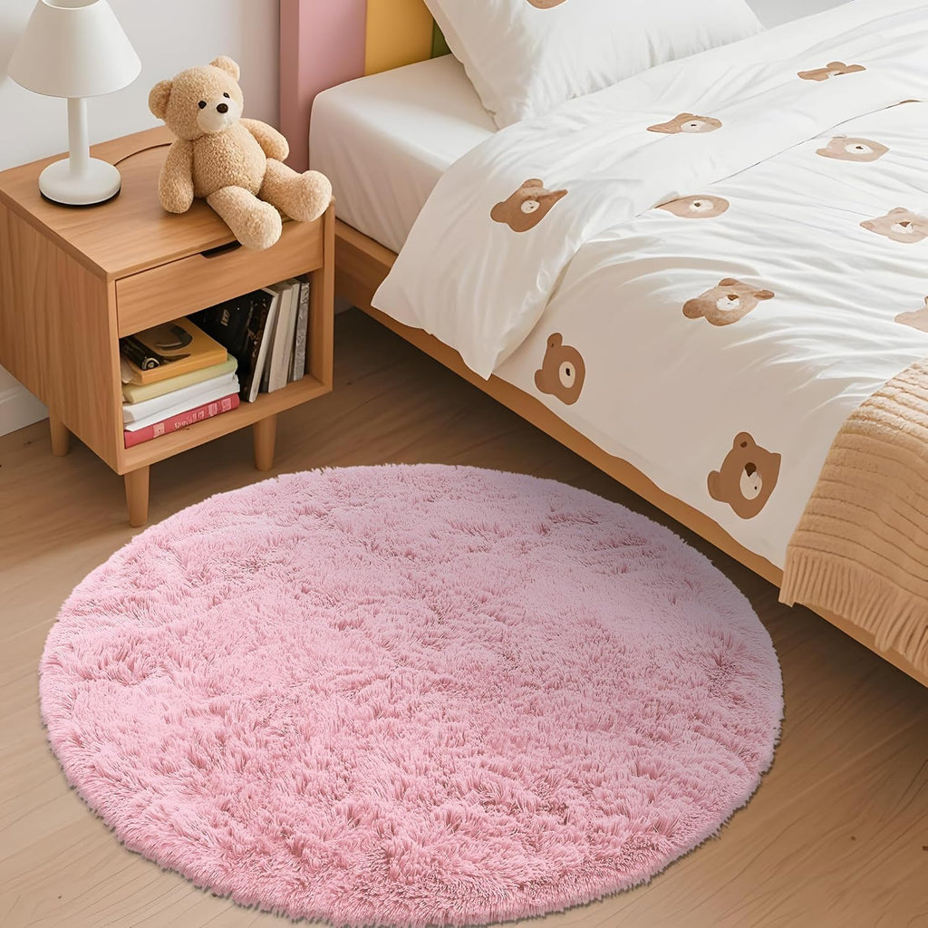 OLANLY Pink Round Area Rug - Soft, Fluffy, Machine Washable 3 ft Circle Carpet for Bedrooms & Nurseries