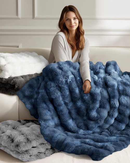 blunique Ultra Soft Cozy Faux Fur Throw Blanket, Fuzzy Plush Thick Bubble Blanket, Oversize Luxury Fluffy Blanket for Couch, Sofa, Bedroom, and Living Room,50x60 Inches,Blue
