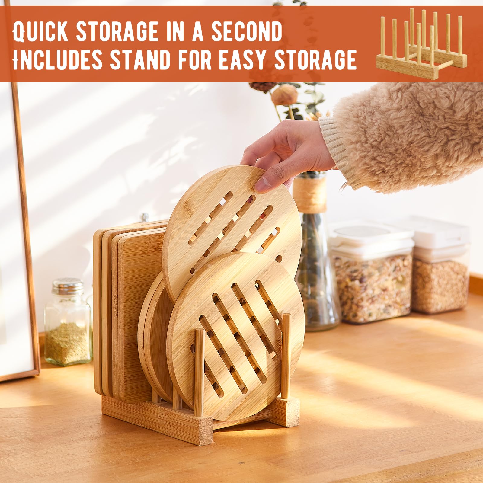 GHWIE Bamboo Trivet with Stand -Heat Resistant Pot Holders for Kitchen,Multi-Purpose Hot Pads,Hot Plate Mats,Large Stove Mat-Air Fryer Accessories and Trivets for Hot Dishes,8PCS