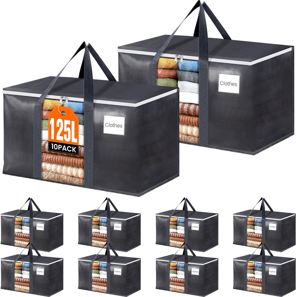 HomeHacks 10 Pack Extra Large Moving Bags with Visual PVC Window & Zippers, Storage Totes with Reinforced Handles, Heavy Duty Storage Bags for Packing, Moving, Storage (125L,Grey)