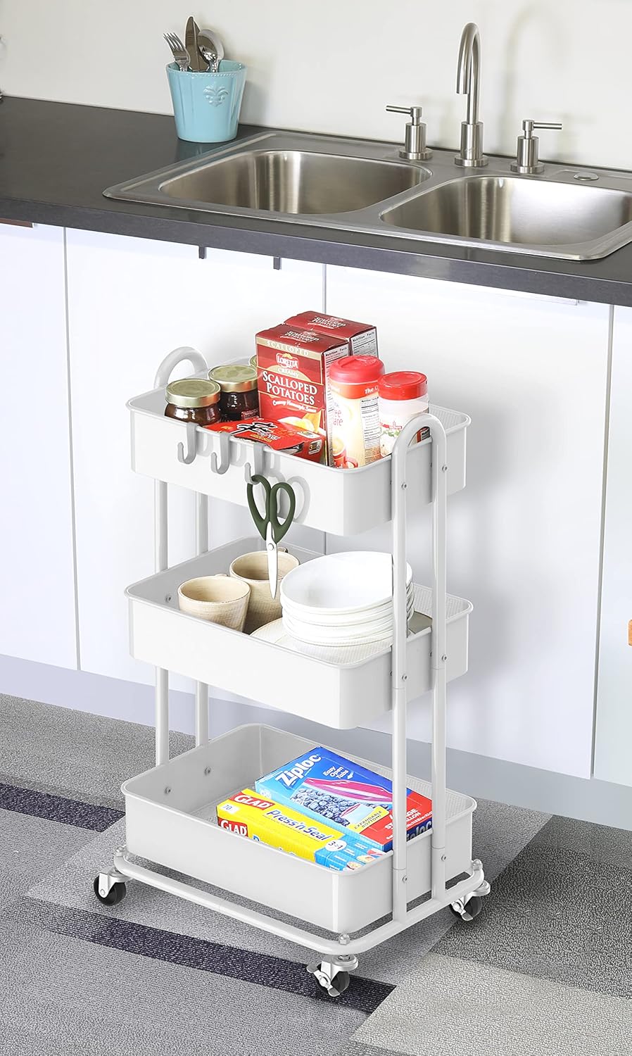 Simple Houseware 3-Tier Metal Utility Rolling Cart - Heavy Duty & Versatile, White Finish