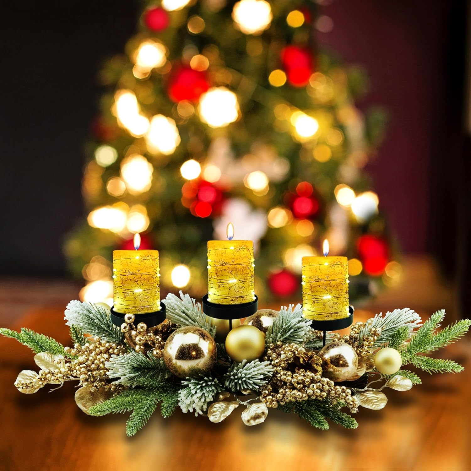 YULETIME 28" Christmas Triple Candelabrum - Elegant Holiday Candle Holder with Gold Baubles & Snowy Pine Needles