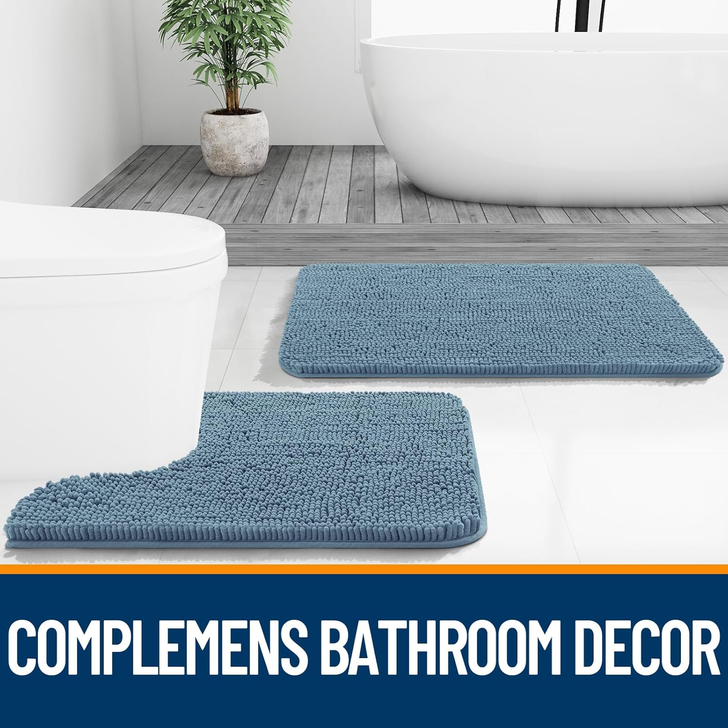 OLANLY Bathroom Runner Rugs - Soft Absorbent Chenille with Rubber Backing | Quick-Dry 44x24 Airy Blue Mats