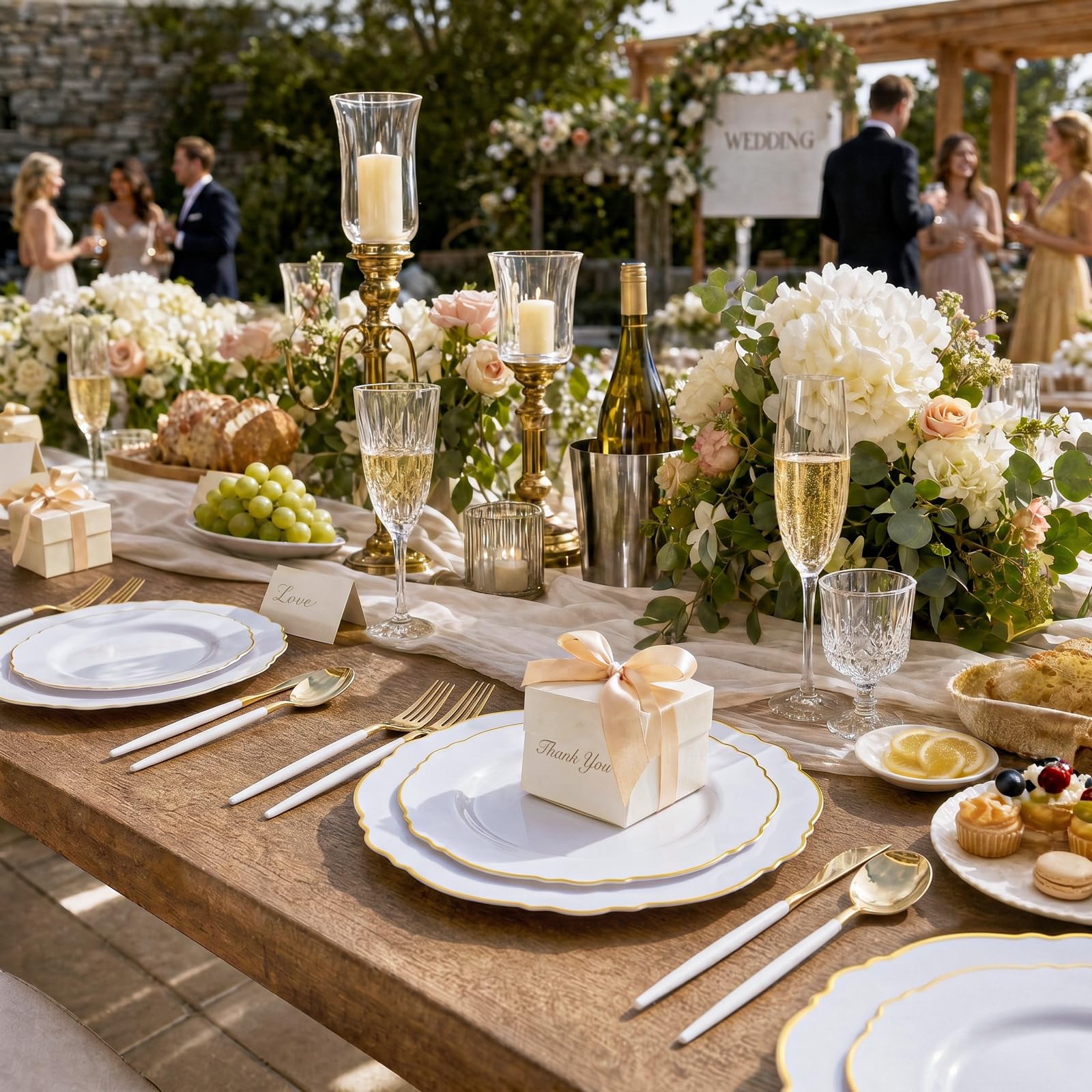 WDF 30Guest Gold Plastic Plates - High-end Baroque Design - 10.25&7.5in Wedding White and Gold Plates Disposable for Birthday/Baby Shower/Wedding/Party