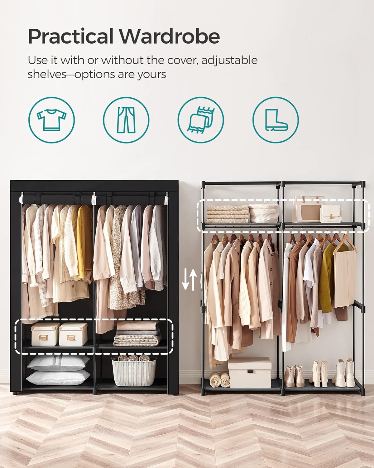 SONGMICS Portable Closet Wardrobe - Non-Woven Fabric Cover Clothes Organizer, 55.1" x 16.9" x 68.5", Black