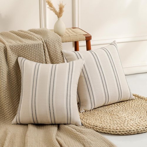 Hckot Throw Pillow Covers - Set of 2 Decorative Striped Linen Cushions | 20x20 Inches, Grey