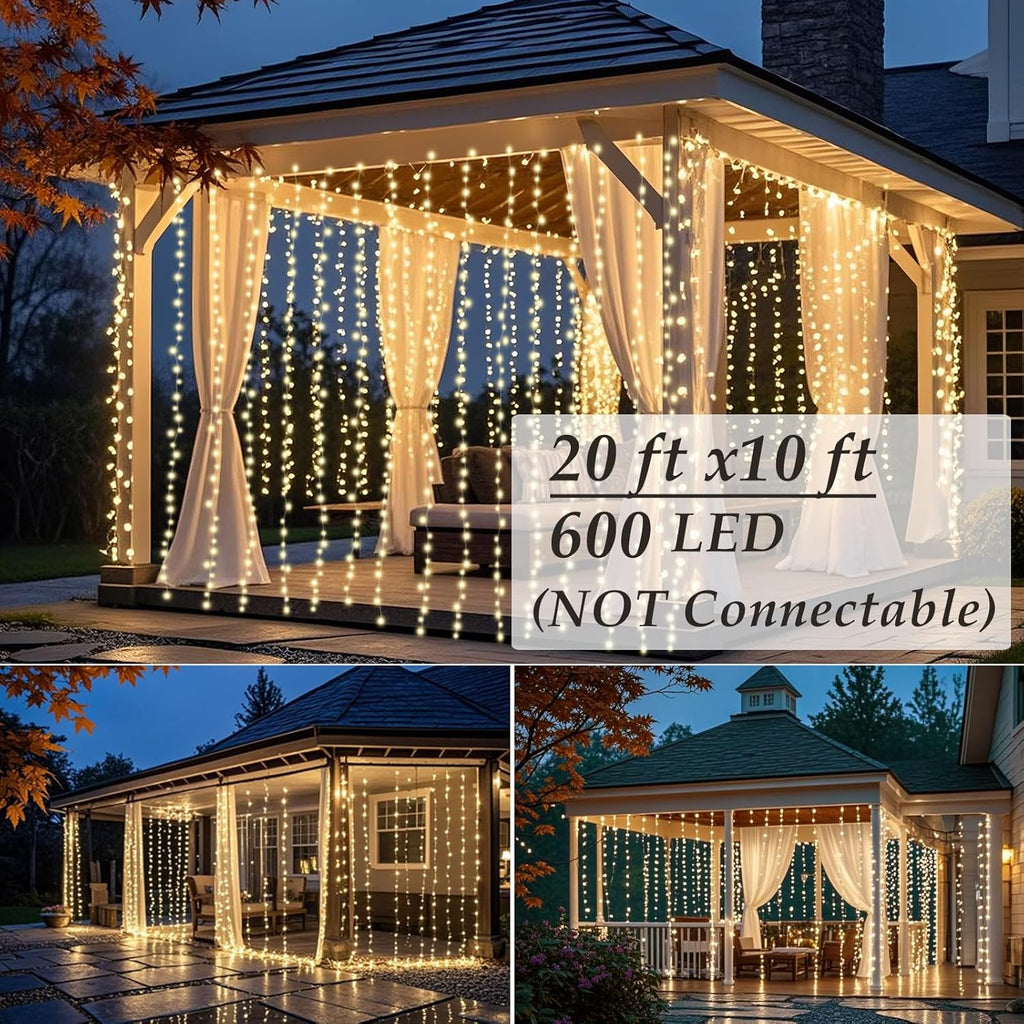 Solhice LED Curtain Lights - 20ft x 10ft Indoor/Outdoor Twinkle String Lights | Warm White Wedding Decor