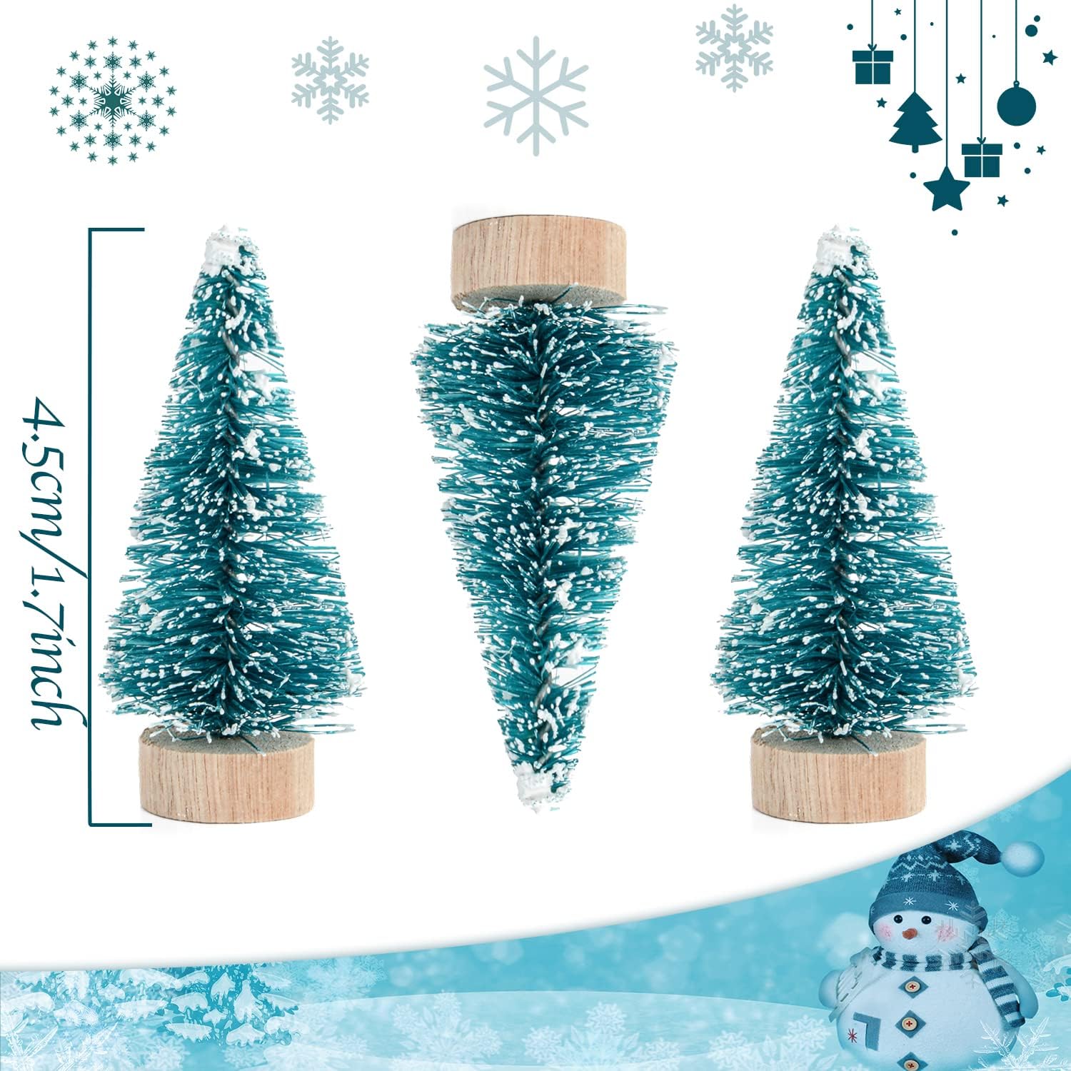 Skiennix Mini Bottle Brush Christmas Trees - 24 Pack with Wood Base | Artificial Winter Decor (Blue-Green)