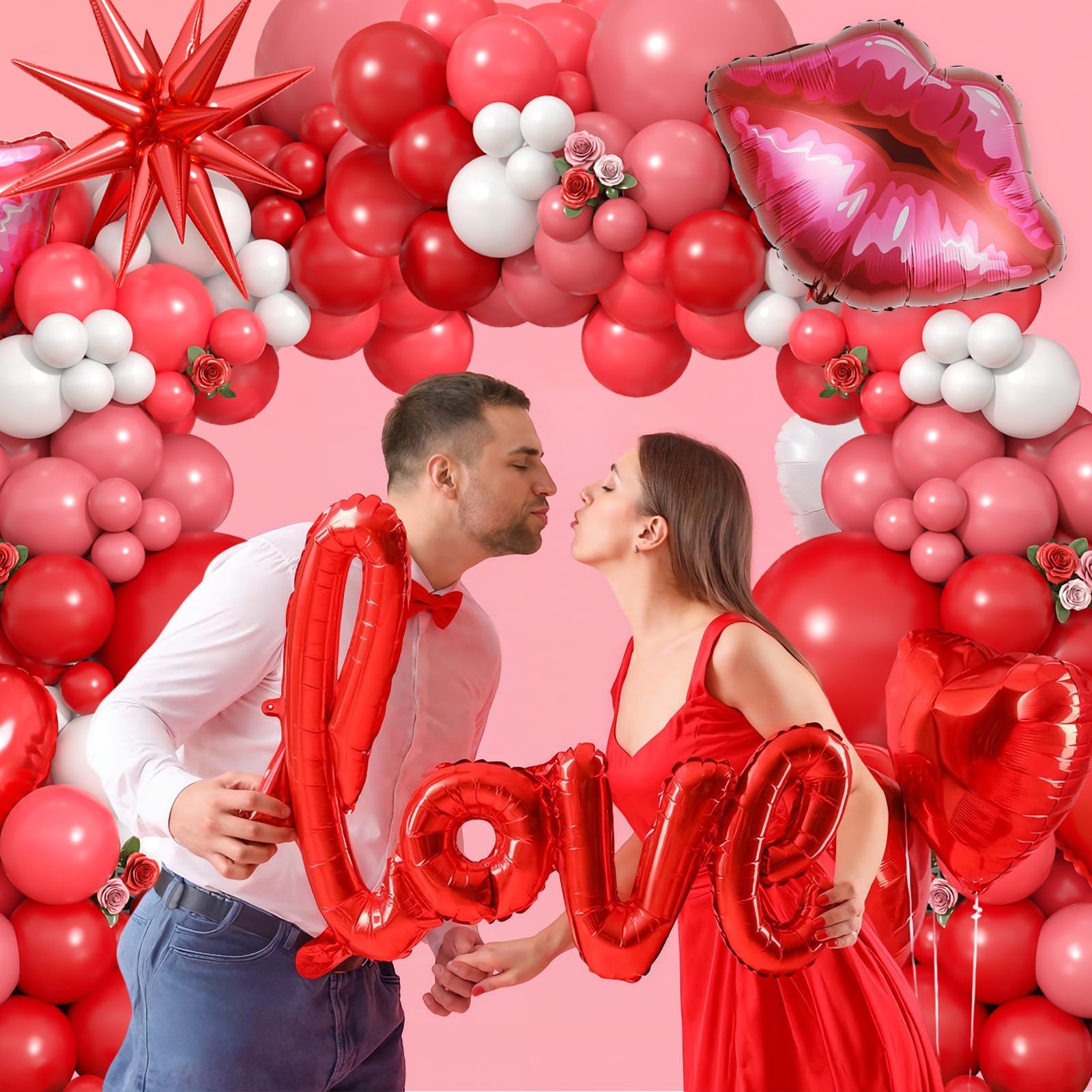 Valentines Balloons Arch Kit with Dusty Pink Red Balloons Red Star Pink Heart Lip Love foil Balloon for Women Girls Valentine's Day Galentines Day Wedding Bridal Shower Anniversary Party Supplies