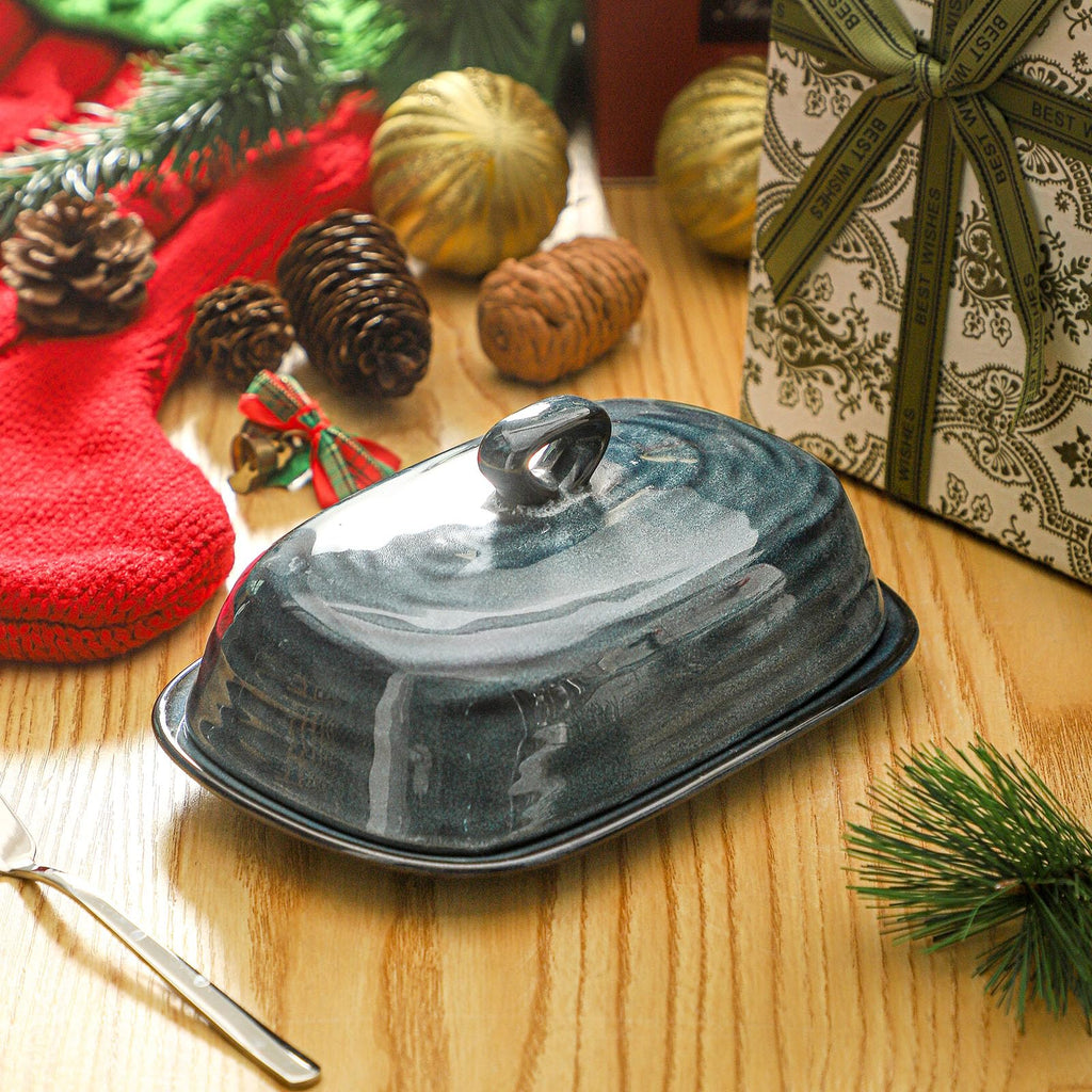 Tikooere Butter Dish with Lid, Ceramic Butter Keeper Holder with Cover and Handle for Countertop, Porcelain Butter Container for East West Coast Butter, Butter Tray for Kitchen Gift, Blue
