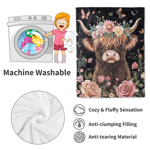 VODRM Highland Cow Blanket Cute Cattle with Floral Crown Throw Blankets,Gifts for Kids Adult Women Men,Lightweight Soft Fleece,Nature Lovers,Sofa Couch Bed Room Modern Rustic Decor 50x60in