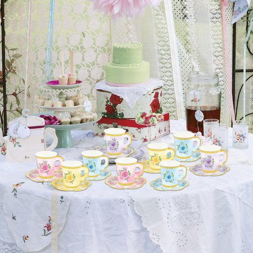 24 Sets Floral Paper Tea Cups and Saucers Disposable Tea Party Supplies Colorful Flower Teacups with Handle and Plates for Hot Cold Drink Wedding Birthday Party Baby Shower