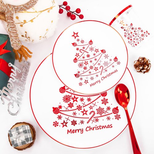 Supernal 150pcs Christmas Plastic Dinnerware Include Red Plastic Plates, Disposalbe Cups,Christmas Party Supplies,Red Plastic Silverware for Christmas Party and New Year