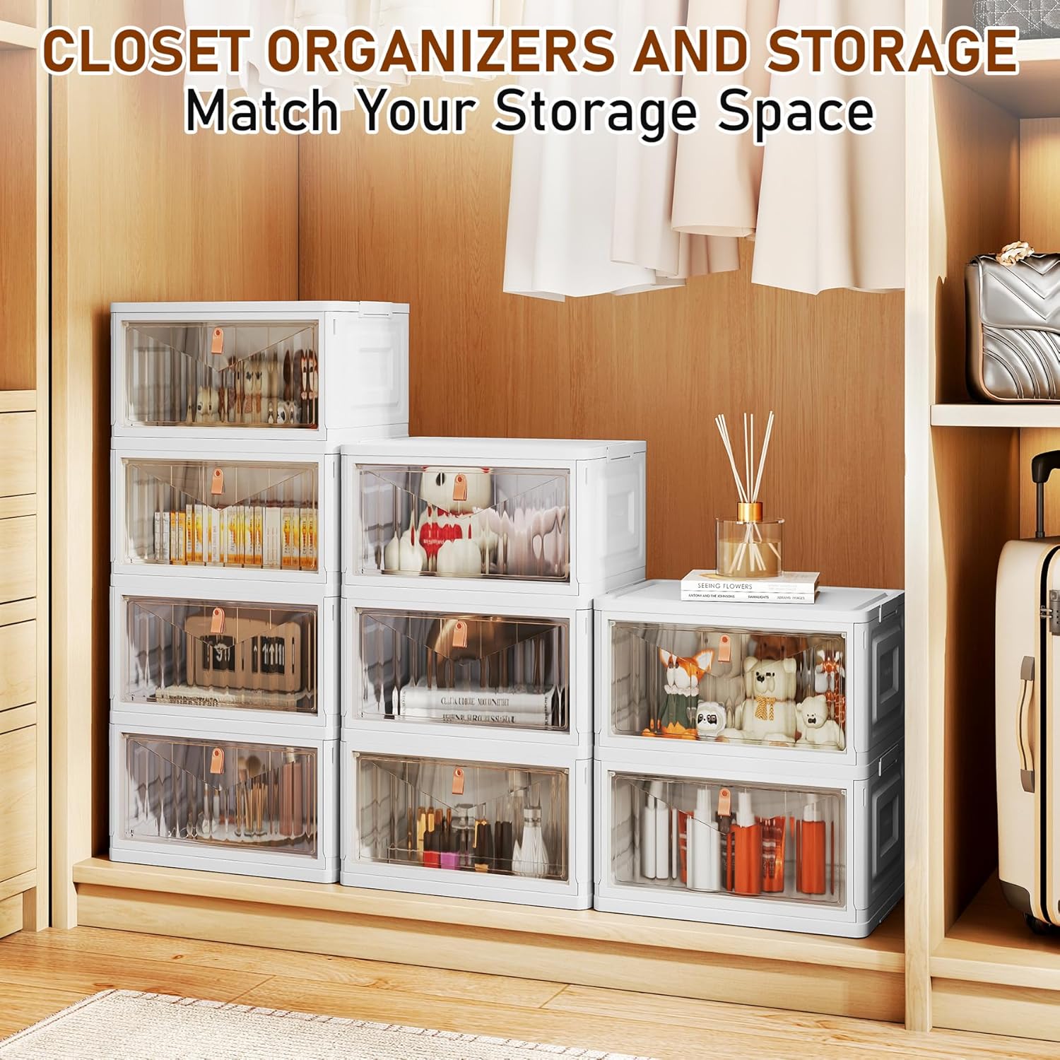 Skiennix 4-Tier Storage Bins - Stackable Closet Organizers with Lids & Wheels | 23QT Foldable Plastic Containers - White