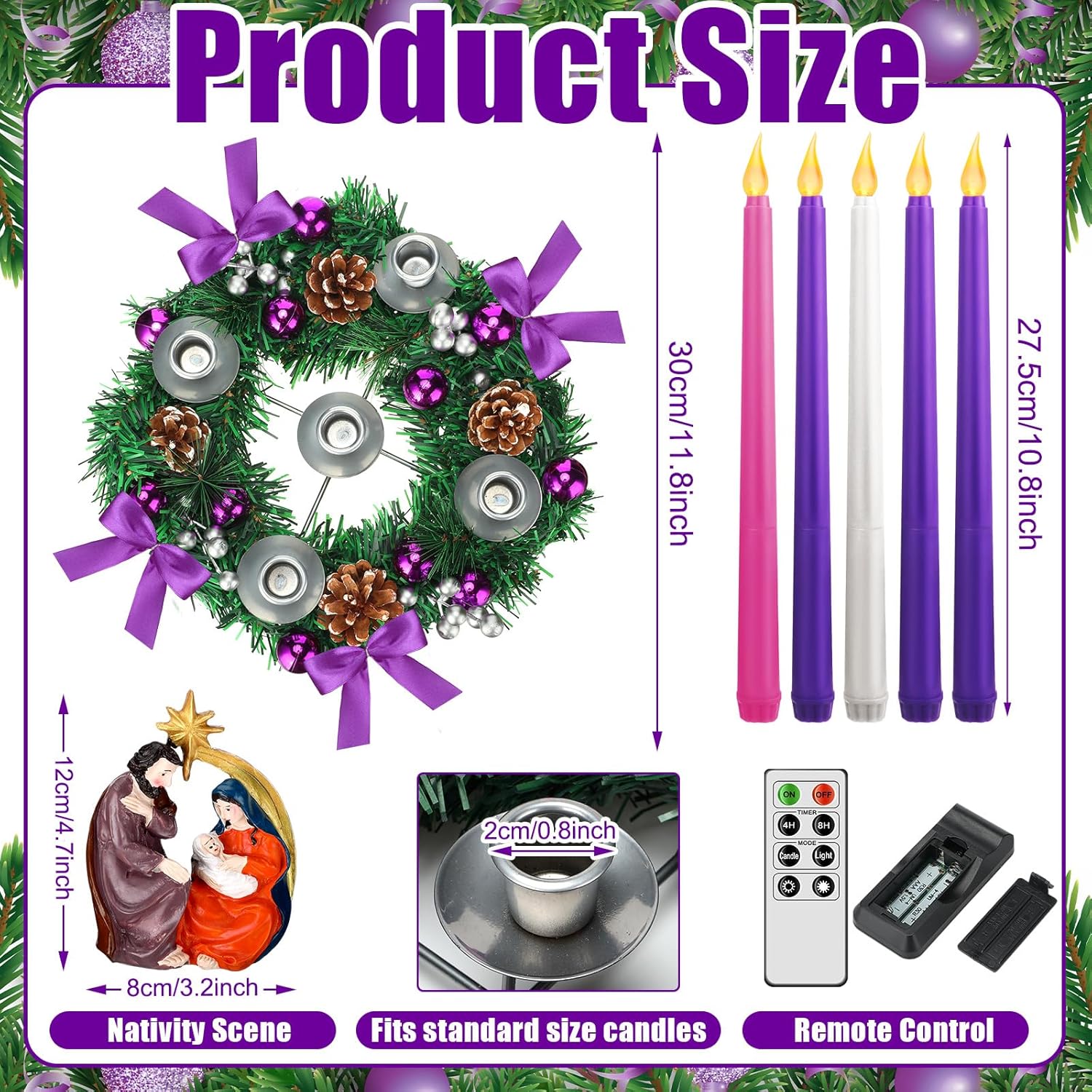 Tioncy 12-Inch Christmas Advent Wreath - Flameless Candle Holder with Remote Control & Berries Decor