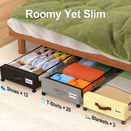 GoMaihe Under Bed Storage - 48L Rolling Containers with Lids for Shoes & Clothes | Grey 2-Pack
