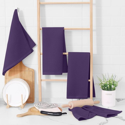 Homaxy Kitchen Dish Towels - 100% Cotton Waffle Weave, Ultra Soft & Absorbent, 13 x 28 Inches, 4-Pack | Eggplant