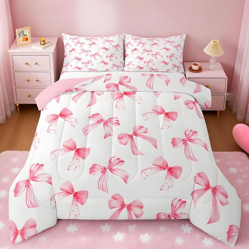 Feelyou Kawaii Pink Bow Bedding Set for Kids Boys Girls Twin Size Cute Dreamy Princess Style Comforter Set Ultra Soft Bow Pattern Comforter Cute Coquette Bow Knot Duvet Quilt Bedroom Decor Quilt
