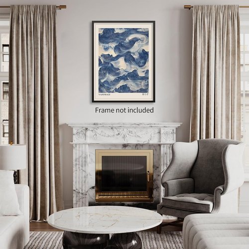 Japanese Blue Waves Wall Art | Vintage Japandi Wabi Sabi Canvas Print - Abstract Giant Waves, 12x16 Inch Unframed