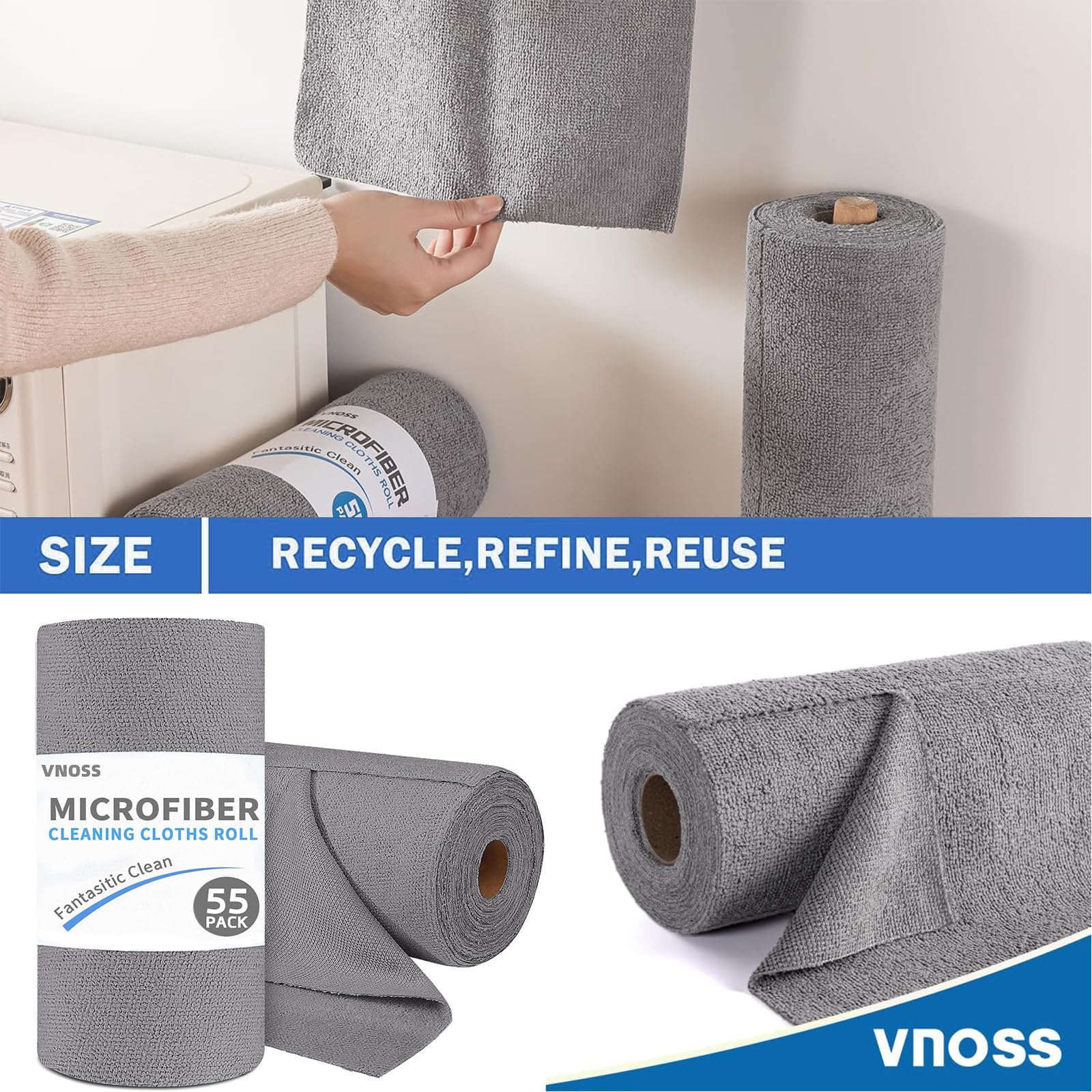Vnoss 55 Pack Microfiber Cleaning Cloth Roll, Tear Away Reusable Towels, 11" X 9", Ultra Absorbent & Lint Free Cloth for Cars, Kitchen, Window, Home and Shop, Grey