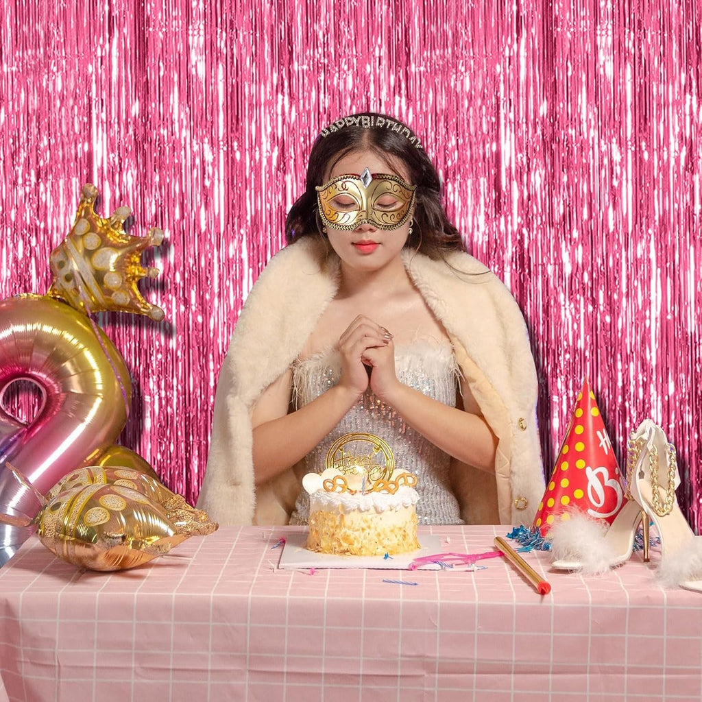 Skiennix Pink Tinsel Curtain Backdrop - 2 Pack Foil Fringe Decorations for Parties & Photo Booths