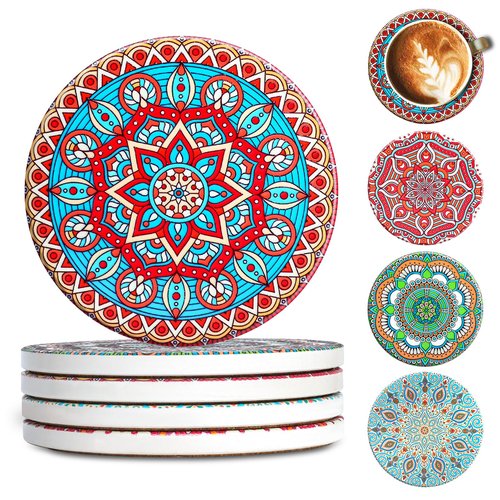 Ceramic Coasters Set of 4 – Drink Coasters with Cork Backing, Non-Slip & Heat Resistant – Intricate Embossed Mandala Boho Coasters with Vibrant Glaze for Coffee Table, Desk, Patio & Home Decor Gifts