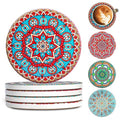 Ceramic Coasters Set of 4 – Drink Coasters with Cork Backing, Non-Slip & Heat Resistant – Intricate Embossed Mandala Boho Coasters with Vibrant Glaze for Coffee Table, Desk, Patio & Home Decor Gifts