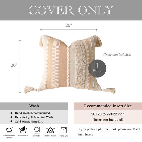 BlissBlush 20x20 Pillow Cover, Neutral Cream Boho Decorative Pillowcase with Tufted Texture and Tassels, Square Accent Cushion for Couch Sofa Living Room (Cover Only)