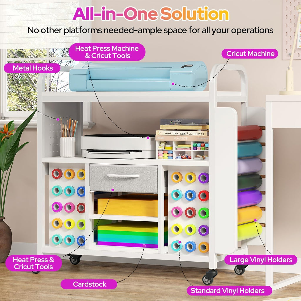 Skiennix Craft Organization Cart - Rolling Storage Table with Vinyl Roll Holder & Drawer - Large, Versatile Design