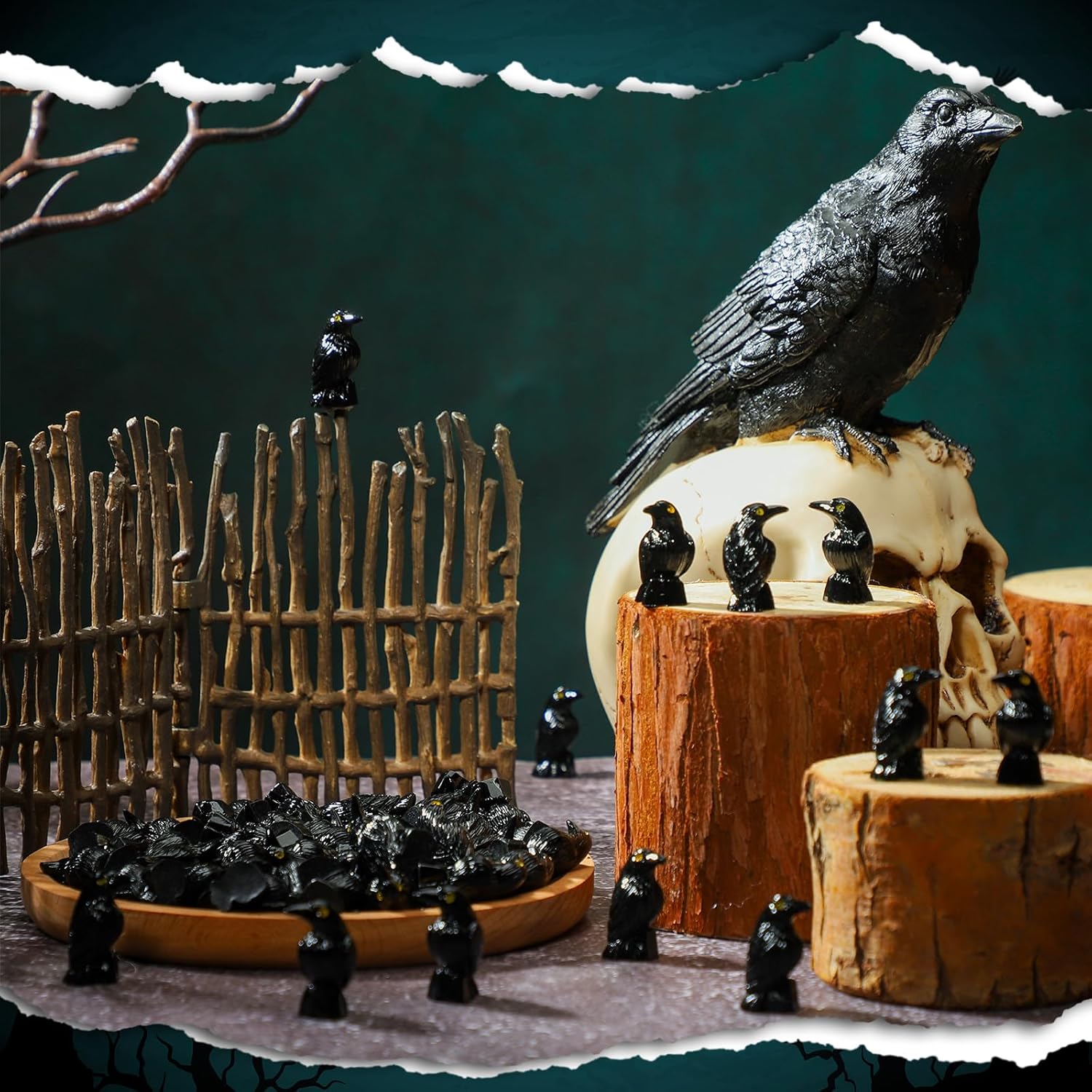 Skiennix Miniature Crows Decor - 50 Pcs Black Raven Resin Figurines for Spooky Holiday Scenes