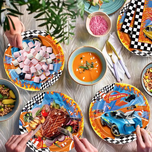 179pcs Racing Car Plates Napkins Birthday Party Decorations Disposable Tableware Set Paper Cups Banner Tablecloth Hanging Swirls Race Car Party Supplies for Kids Boys Birthday Decor 24 Guests
