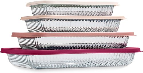 Cook With Color 8-Piece Deep Glass Baking Dish Set - Versatile Casserole & Food Storage Containers | Freezer-to-Oven, Microwave & Dishwasher Safe, Fluted Rose